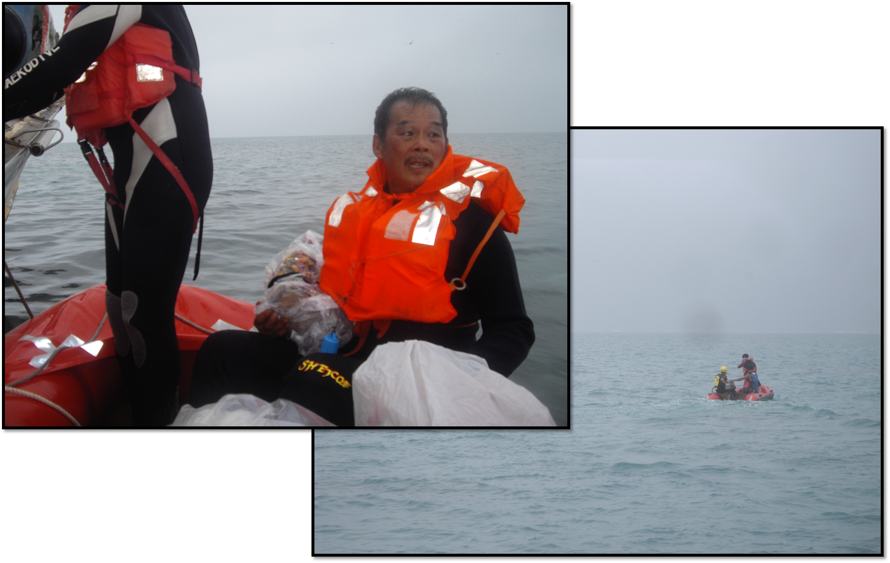 環礁水淺難行，改用橡皮艇接運救援，船員在怒海風雨中看見海巡艇，如同看見媽祖化身