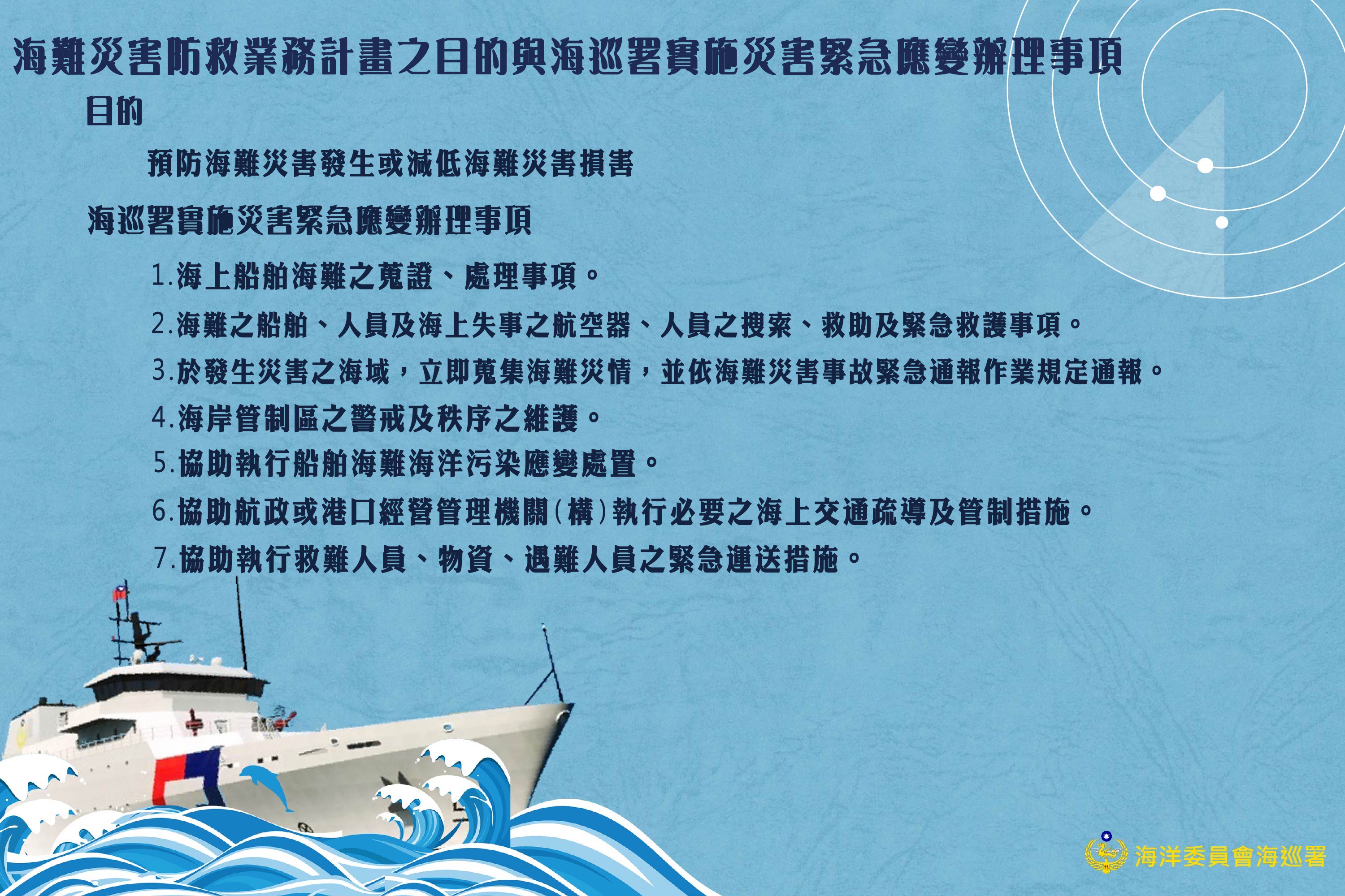 海難災害防救業務計畫之目的與海巡署實施災害緊急應變辦理事項