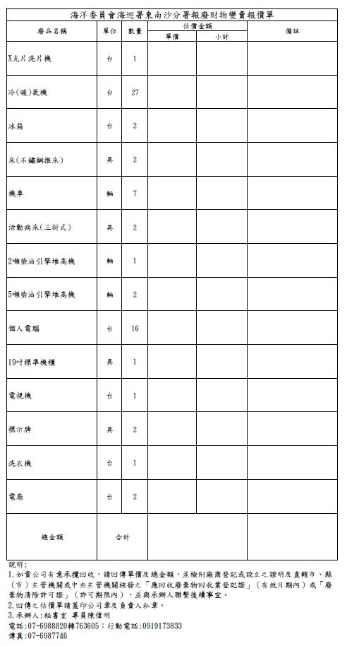 本分署報廢財物變賣公告